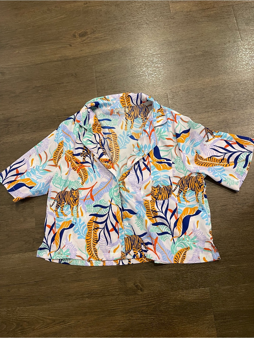 Tropical Tiger Print Button-Up Shirt in White & Orange